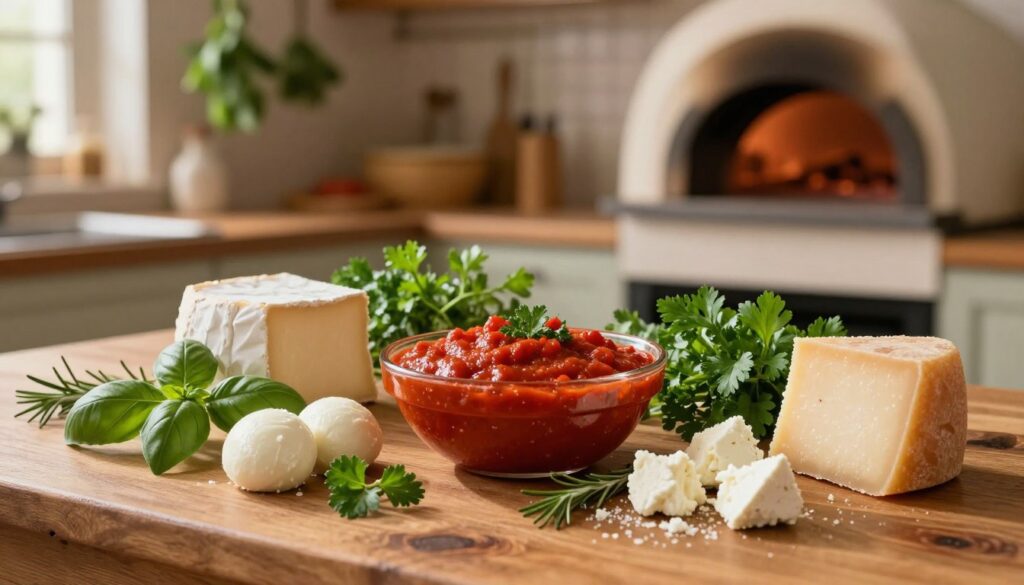 A rustic wooden table serves as the foreground, adorned with a variety of cheeses—melted mozzarella, crumbled goat cheese, and sharp Parmesan—artistically arranged around fresh herbs like basil, oregano, and rosemary. In the middle ground, a bowl of vibrant marinara sauce glistens invitingly, its texture rich and thick, surrounded by a few sprigs of fresh parsley. The background features a softly lit kitchen setting, with herbs hanging from the ceiling and glimpses of a traditional pizza oven, casting a warm glow. The atmosphere is cozy and inviting, evoking the comforting essence of Italian cooking. The image should have warm, natural lighting, mimicking golden hour, with a shallow depth of field to draw attention to the delicious ingredients.
