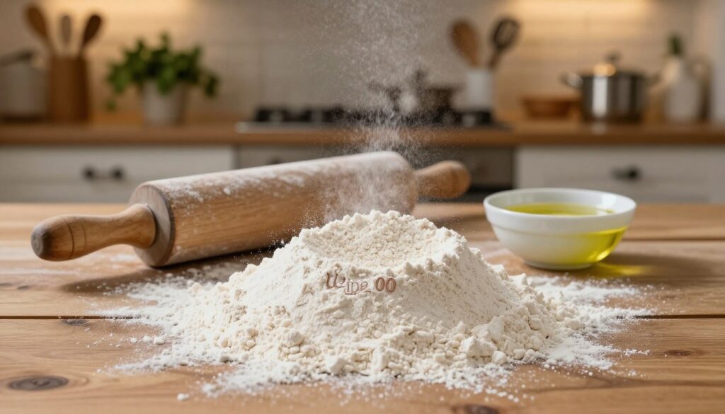 A rustic wooden table serves as the foreground, showcasing a pile of fine, white "mąka tipo 00" flour, with delicate flour dust falling softly around it. In the middle ground, a well-worn wooden rolling pin and a small bowl filled with olive oil and fresh yeast sit beside the flour, emphasizing the artisanal aspect of pizza-making. The background features a cozy kitchen with warm, ambient lighting, highlighting shelves filled with herbs and various cooking utensils. The scene reflects a comforting, inviting atmosphere, perfect for home cooking. The overall image captures the essence of high-quality ingredients, with a focus on texture and light, showcasing the flour's fine granularity and the rustic beauty of the kitchen environment.