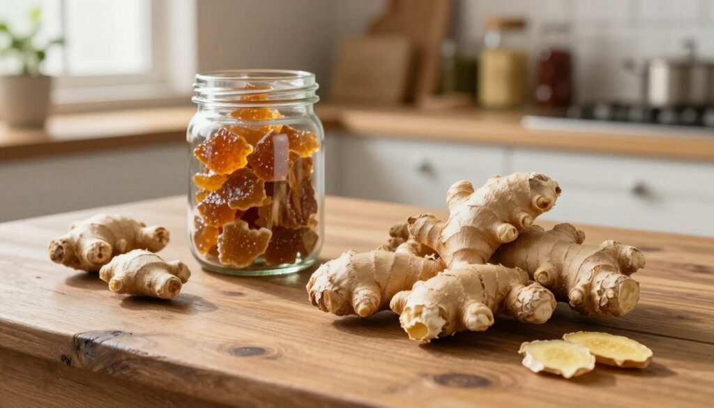 A rustic wooden table serves as the foreground, showcasing freshly dried ginger roots, their golden-brown skin rich in texture. In the middle ground, a quaint jar filled with candied ginger pieces adds a touch of sweetness, contrasting with the earthy tones of the dried pieces. Soft, natural light filters in from a nearby window, casting gentle shadows that highlight the intricate details of the ginger. The background features a blurred kitchen setting, with herbs and spices on shelves, creating a warm, inviting atmosphere. This image captures the essence of ginger preservation through drying, emphasizing its natural beauty and culinary potential. The overall mood is cozy and informative, perfect for illustrating alternative ginger storage methods. A rustic wooden table serves as the foreground, showcasing freshly dried ginger roots, their golden-brown skin rich in texture. In the middle ground, a quaint jar filled with candied ginger pieces adds a touch of sweetness, contrasting with the earthy tones of the dried pieces. Soft, natural light filters in from a nearby window, casting gentle shadows that highlight the intricate details of the ginger. The background features a blurred kitchen setting, with herbs and spices on shelves, creating a warm, inviting atmosphere. This image captures the essence of ginger preservation through drying, emphasizing its natural beauty and culinary potential. The overall mood is cozy and informative, perfect for illustrating alternative ginger storage methods.