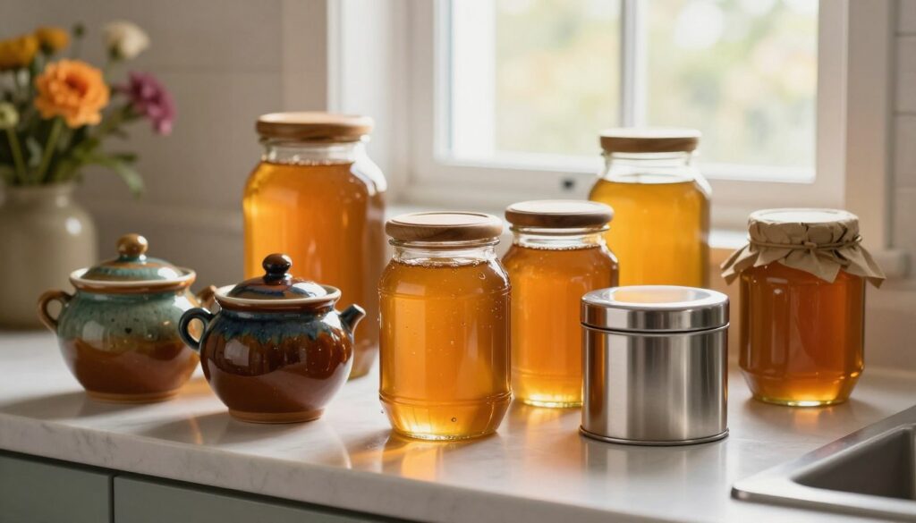 A serene and organized kitchen countertop scene showcasing an array of honey storage options. In the foreground, various glass jars filled with golden honey, some adorned with rustic wooden lids, are artistically arranged. Beside them, a few ceramic pots with vibrant glazes and a sleek stainless-steel container sit elegantly, reflecting soft light. The middle ground features a hint of vibrant flowers, softly blurred to emphasize the jars. In the background, a sunlit window casts warmth into the space, illuminating the honey's texture, making it appear inviting and fresh. The overall atmosphere is warm and homely, evoking a sense of natural sweetness and traditional preservation techniques. Use soft, natural lighting to enhance the colors and textures. A serene and organized kitchen countertop scene showcasing an array of honey storage options. In the foreground, various glass jars filled with golden honey, some adorned with rustic wooden lids, are artistically arranged. Beside them, a few ceramic pots with vibrant glazes and a sleek stainless-steel container sit elegantly, reflecting soft light. The middle ground features a hint of vibrant flowers, softly blurred to emphasize the jars. In the background, a sunlit window casts warmth into the space, illuminating the honey's texture, making it appear inviting and fresh. The overall atmosphere is warm and homely, evoking a sense of natural sweetness and traditional preservation techniques. Use soft, natural lighting to enhance the colors and textures.