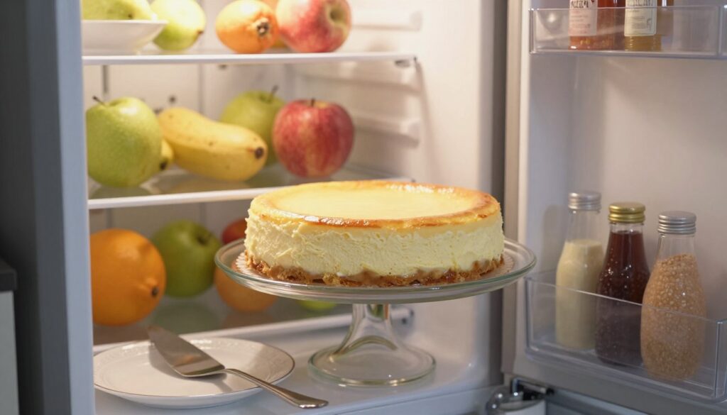 A serene kitchen scene featuring a gently opened refrigerator, showcasing a beautifully preserved cheesecake positioned on a clear glass cake stand, glistening with a slight sheen as it thaws. In the foreground, there are elegant utensils like a cake server and plates, hinting at the anticipation of serving the dessert. The middle ground displays the interior of the fridge, filled with fresh fruits and carefully organized condiments, creating a wholesome atmosphere. Soft, natural lighting filters in from a nearby window, casting a warm glow on the cheesecake and illuminating the textures of its creamy surface, while a subtle depth of field draws focus to the dessert. The mood is inviting and fresh, celebrating the art of food preservation. A serene kitchen scene featuring a gently opened refrigerator, showcasing a beautifully preserved cheesecake positioned on a clear glass cake stand, glistening with a slight sheen as it thaws. In the foreground, there are elegant utensils like a cake server and plates, hinting at the anticipation of serving the dessert. The middle ground displays the interior of the fridge, filled with fresh fruits and carefully organized condiments, creating a wholesome atmosphere. Soft, natural lighting filters in from a nearby window, casting a warm glow on the cheesecake and illuminating the textures of its creamy surface, while a subtle depth of field draws focus to the dessert. The mood is inviting and fresh, celebrating the art of food preservation.