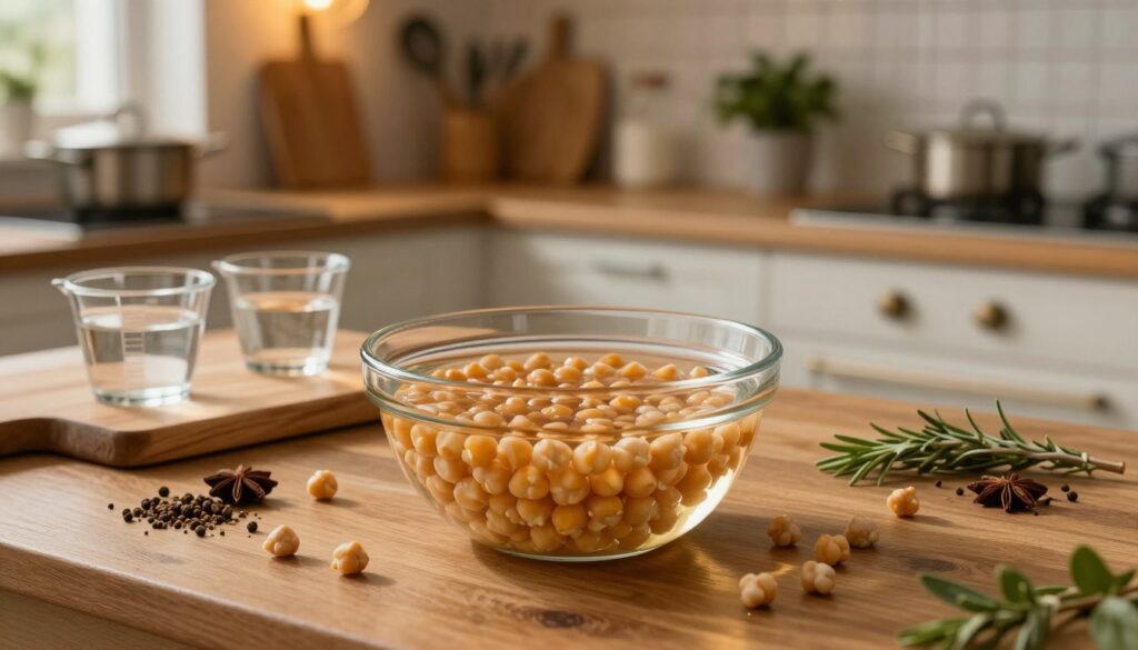 A serene kitchen scene showcasing a bowl of dried chickpeas soaking in water overnight. In the foreground, a clear glass bowl filled with plump chickpeas is half-submerged in water, reflecting soft kitchen lights. The middle layer features a wooden table with a rustic cutting board, measuring cups filled with water, and a set of neatly arranged spices and herbs around the bowl. In the background, a softly lit kitchen with warm tones, displaying shelves of cooking utensils and small potted plants adds a cozy atmosphere. The lighting should be warm and inviting, giving an overall sense of calm and preparation. Capture this scene from a slightly elevated angle, emphasizing the textures of the chickpeas and the inviting kitchen ambiance.