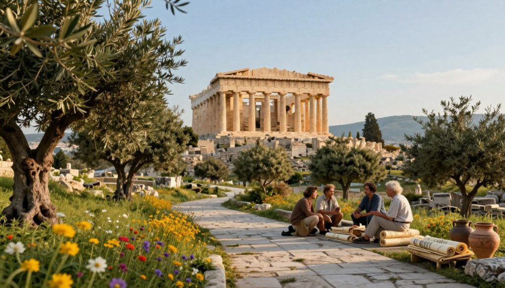 A serene view of ancient Greece, featuring the iconic Parthenon atop the Acropolis, bathed in warm, golden afternoon sunlight. In the foreground, lush olive trees and wildflowers add vibrant color, while a winding stone pathway leads towards the temple. In the middle ground, a few scholars in modest casual clothing engage in lively discussions, surrounded by ancient scrolls and pottery, symbolizing the birth of ideas. The background showcases rolling hills and a clear blue sky, creating a peaceful atmosphere. Capture the essence of history and culture, with soft lighting that emphasizes the tranquility of this era. Use a wide-angle lens to enhance depth and perspective, evoking a sense of timelessness and wonder.