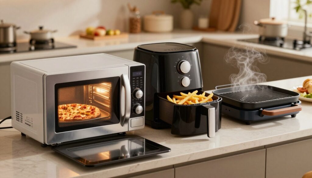 A sleek, modern kitchen countertop scene featuring a microwave, air fryer, and compact grill, all arranged neatly to emphasize their functionality. In the foreground, a shiny microwave with a digital display is open, revealing a slice of pizza inside, glowing from the warm light. The air fryer sits next to it, with its basket partially pulled out, showcasing golden fries. The grill, placed behind them, shows a surface ready for cooking, with some light steam rising. The background is softly blurred to focus on the appliances, with warm, inviting lighting creating a cozy atmosphere. The image captures a sense of culinary innovation, with a focus on convenience and efficiency in meal preparation.