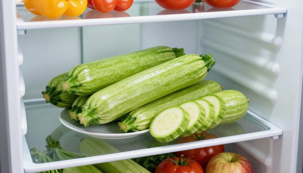 A spacious and well-organized refrigerator interior showcasing a variety of fresh zucchinis, arranged neatly on a shelf. The zucchinis should be vibrant green, with some sliced pieces placed on a small, elegant platter beside them. The lighting is bright and clean, highlighting the freshness of the vegetables, with soft shadows creating depth. In the background, shelves filled with other colorful vegetables and fruits (like bell peppers, tomatoes, and apples) add context. The angle should be slightly above eye level, allowing for a clear view of the zucchinis against the pleasing backdrop of a healthy, organized refrigerator. The overall atmosphere conveys freshness, wellness, and the importance of proper food storage.