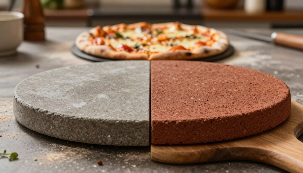 A split image showcasing two types of pizza stones: on the left, a close-up of a cordierite stone with a smooth, grey surface, and subtle mineral flecks, reflecting light to highlight its structure; on the right, a reddish-brown chamotte stone, with a rough, textured surface displaying natural variations, positioned on a wooden pizza peel. In the background, a warm, rustic kitchen environment with soft, diffused lighting creating a cozy atmosphere. A freshly baked pizza is placed on each stone, with melty cheese and vibrant toppings, inviting viewers to explore the differences in baking results. The overall mood should be inviting and homely, focusing on the practical distinctions between the two types of stones. A split image showcasing two types of pizza stones: on the left, a close-up of a cordierite stone with a smooth, grey surface, and subtle mineral flecks, reflecting light to highlight its structure; on the right, a reddish-brown chamotte stone, with a rough, textured surface displaying natural variations, positioned on a wooden pizza peel. In the background, a warm, rustic kitchen environment with soft, diffused lighting creating a cozy atmosphere. A freshly baked pizza is placed on each stone, with melty cheese and vibrant toppings, inviting viewers to explore the differences in baking results. The overall mood should be inviting and homely, focusing on the practical distinctions between the two types of stones.