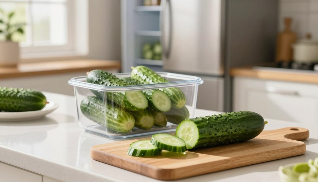 A stylish kitchen countertop is the focal point, showcasing various ways to store cucumbers. In the foreground, a cutting board displays several freshly cut cucumber slices beside a vibrant whole cucumber. The middle ground features a clear container filled with whole cucumbers, highlighting proper storage techniques. The background is softly blurred, showing a refrigerator open, with a cozy kitchen ambience and natural sunlight streaming in through the window, casting gentle shadows. Use warm lighting to create a welcoming atmosphere, and angle the shot slightly above eye level for a dynamic perspective. The overall mood should be fresh and inviting, emphasizing practical cucumber storage tips.