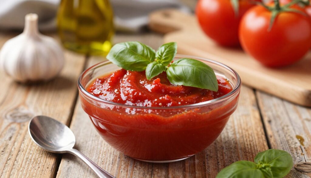 A vibrant and appealing close-up of a rich red tomato concentrate in a glass bowl, garnished with fresh basil leaves and a drizzle of olive oil. The foreground features a rustic wooden table, enhancing the rustic and homey feel of the image. In the middle, include a small spoon resting next to the bowl, ready to serve the concentrate. The background is softly blurred, showing kitchen elements like a garlic bulb, fresh tomatoes, and a cutting board to evoke a cooking atmosphere. The lighting is warm and inviting, with natural sunlight streaming in to create highlights on the glass and the rich texture of the tomato paste, making the image energetic and appetizing.
