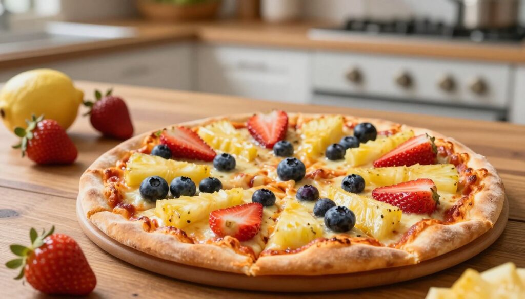 A vibrant and appetizing pizza topped with a variety of fresh fruits, showcasing a mix of colorful slices including ripe strawberries, juicy pineapple chunks, and tangy blueberries, all artistically arranged on the golden, crispy crust. The foreground should feature a close-up view of the pizza, capturing the delicious, melted cheese glistening under soft lighting. In the middle, a wooden table setting provides a rustic feel, with a few scattered fresh fruits nearby. In the background, a blurred kitchen ambiance with warm tones enhances the homey atmosphere. The image should evoke a sense of indulgence and creativity, highlighting the enticing sweet and savory combination presented on the pizza, while maintaining a clean and inviting look.