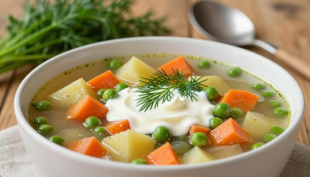 A vibrant and inviting bowl of "zupa jarzynowa" (vegetable soup) sits prominently in the foreground, filled with a colorful mix of fresh, chopped vegetables like carrots, potatoes, green beans, and peas, glistening with a light broth. In the background, a sprinkle of fresh dill adds a touch of green, while a swirl of cream creates a creamy finish on top of the soup. The scene is beautifully lit with soft, warm lighting, casting a cozy glow that enhances the fresh ingredients. A rustic wooden table surfaces underneath the bowl, and subtle kitchen utensils are blurred in the middle ground, creating a homely atmosphere. The composition captures the comforting essence of homemade soup, inviting warmth and nurturing. A vibrant and inviting bowl of "zupa jarzynowa" (vegetable soup) sits prominently in the foreground, filled with a colorful mix of fresh, chopped vegetables like carrots, potatoes, green beans, and peas, glistening with a light broth. In the background, a sprinkle of fresh dill adds a touch of green, while a swirl of cream creates a creamy finish on top of the soup. The scene is beautifully lit with soft, warm lighting, casting a cozy glow that enhances the fresh ingredients. A rustic wooden table surfaces underneath the bowl, and subtle kitchen utensils are blurred in the middle ground, creating a homely atmosphere. The composition captures the comforting essence of homemade soup, inviting warmth and nurturing.
