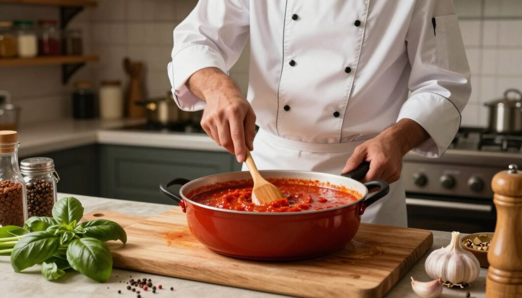 A vibrant and inviting kitchen scene featuring a pot of simmering tomato concentrate sauce, rich in color with a glossy texture. In the foreground, a wooden cutting board is adorned with fresh basil, garlic cloves, and spices to convey an authentic cooking atmosphere. In the middle ground, a professional chef in a neat white chef's coat is stirring the sauce, focusing intently on the task at hand. The background showcases rustic elements like shelves filled with spices and jars, enhancing the homey feel. Soft, warm lighting casts a golden hue over the scene, evoking a sense of warmth and urgency in preparing a quick pizza sauce. The angle is slightly elevated, providing a clear view of the chef's concentration and the bubbling sauce.