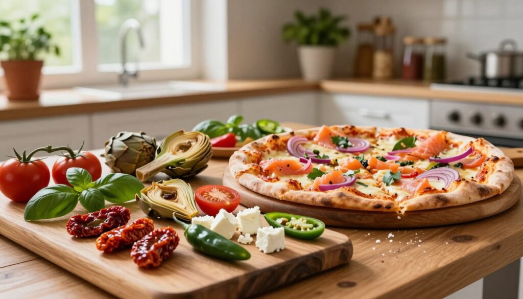 A vibrant and inviting tabletop scene featuring an array of seasonal pizza toppings from around the world. In the foreground, a rustic wooden board displays colorful ingredients like fresh basil, sun-dried tomatoes, artichoke hearts, spicy jalapeños, and crumbled feta cheese. In the middle, a freshly baked pizza is partially sliced, showcasing a melty cheese layer interspersed with unique toppings like smoked salmon and pickled red onions. The background is a cozy kitchen setting, softly lit by natural light streaming through a window, accentuating the warm ambiance. A blurred view of herbs in pots and spices on shelves adds depth. The atmosphere feels inviting and creative, perfect for culinary inspiration.