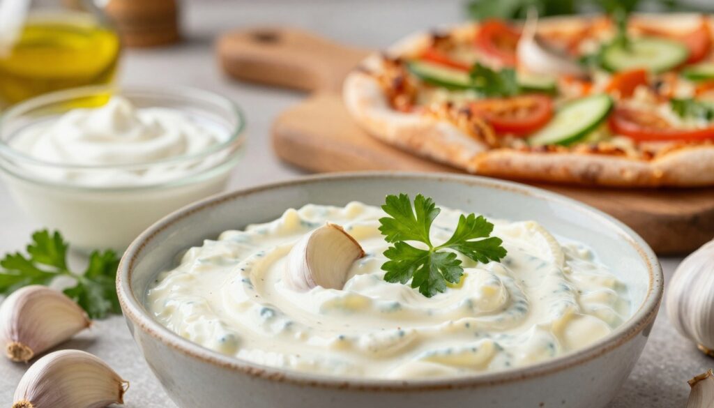 A vibrant, appetizing scene featuring a bowl of creamy garlic sauce, interspersed with fresh garlic cloves and sprigs of parsley. In the foreground, the sauce is presented in a rustic ceramic bowl with a slight sheen, showcasing its rich texture. Scattered around are ingredients typical for yogurt, mayonnaise, and healthy variations, such as low-fat yogurt and olive oil, enticing the viewer to imagine different flavor profiles. In the middle, a wooden cutting board holds sliced vegetables, hinting at perfect pizza pairings. The background features a softly blurred kitchen setting with warm lighting, evoking a cozy, inviting atmosphere. The image is captured from a slightly elevated angle, emphasizing the sauce's creamy consistency and the freshness of the ingredients, creating an engaging and mouth-watering visual experience.