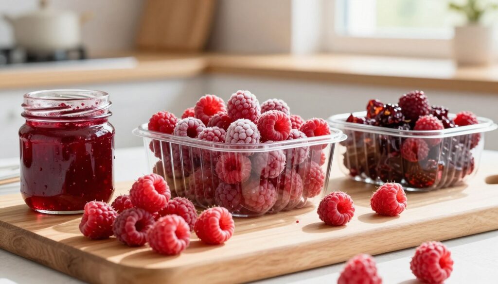 A vibrant, beautifully arranged display of fresh raspberries, showcasing various preservation methods. In the foreground, a wooden cutting board holds a small basket of plump, glistening raspberries alongside a jar of homemade raspberry jam, glimmering in the light. In the middle, a stylish, clear container filled with frozen raspberries and another with dried raspberries create a contrast of textures. Background elements include a soft-focus kitchen setting, with natural light streaming in through a window, casting warm shadows. The atmosphere feels inviting and homely, capturing the essence of year-round raspberry preservation. Use a close-up angle with a shallow depth of field to emphasize the details of the raspberries and jars, ensuring a clean, bright, and appealing composition. A vibrant, beautifully arranged display of fresh raspberries, showcasing various preservation methods. In the foreground, a wooden cutting board holds a small basket of plump, glistening raspberries alongside a jar of homemade raspberry jam, glimmering in the light. In the middle, a stylish, clear container filled with frozen raspberries and another with dried raspberries create a contrast of textures. Background elements include a soft-focus kitchen setting, with natural light streaming in through a window, casting warm shadows. The atmosphere feels inviting and homely, capturing the essence of year-round raspberry preservation. Use a close-up angle with a shallow depth of field to emphasize the details of the raspberries and jars, ensuring a clean, bright, and appealing composition.