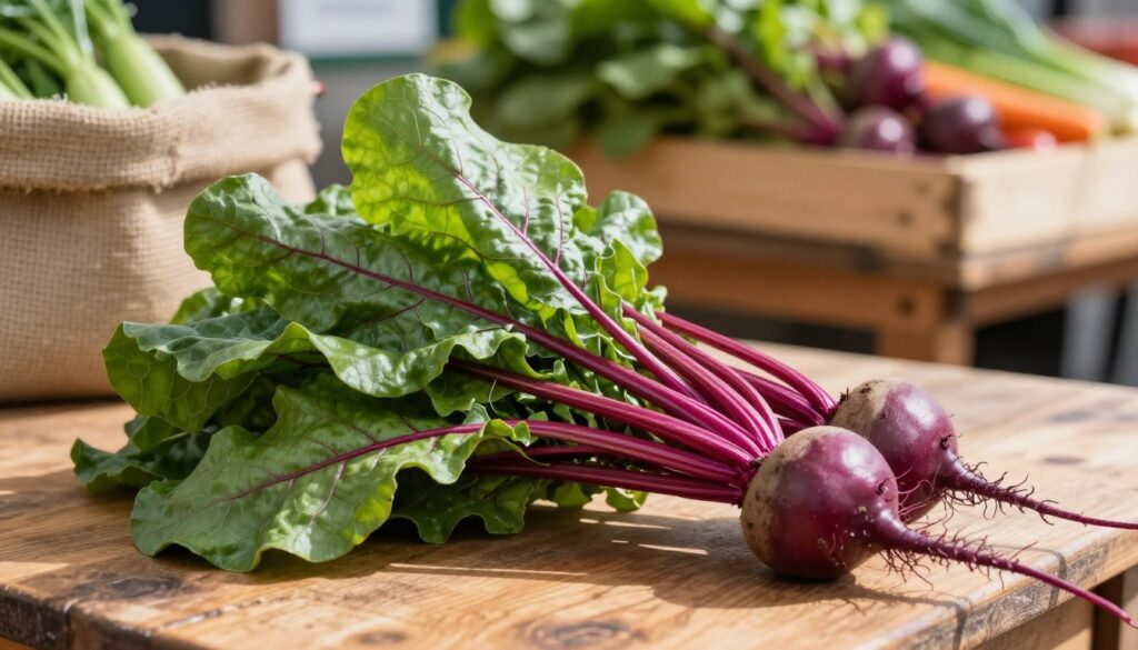 A vibrant bunch of fresh beet greens, known as "pęczek botwinki," elegantly arranged in the foreground. The leaves are a rich green, with hints of reddish-purple veins, and the young beetroots feature a smooth, shiny surface. In the middle ground, a rustic wooden table adds warmth, with a burlap sack slightly visible, emphasizing a market setting. Soft, natural sunlight filters through the scene, casting gentle shadows that enhance the textures of the greens and beetroots. A blurred background of a lively market stall with other fresh vegetables offers context, creating an inviting atmosphere that evokes freshness and earthiness. The focus should be sharp on the botwinka, inviting viewers to appreciate its natural beauty.