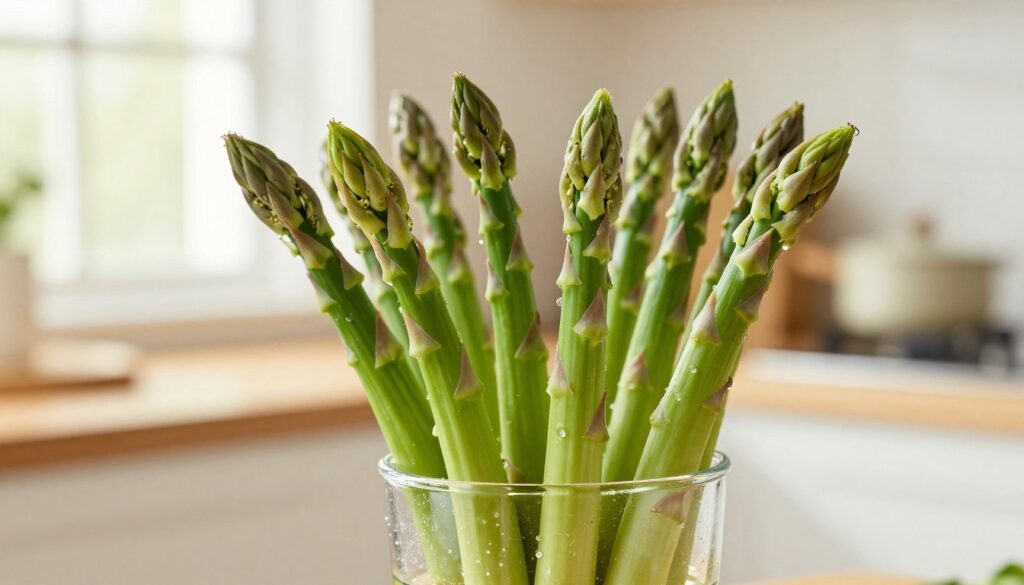 A vibrant, close-up composition of fresh green asparagus spears elegantly arranged in a clear glass vase filled with water. The foreground showcases the crisp, green tips of the asparagus, glistening with moisture, while the background features a softly blurred kitchen setting with warm, natural lighting filtering through a nearby window. A subtle hint of rustic wooden countertops adds warmth to the scene. The asparagus should be the focal point, surrounded by a serene atmosphere that evokes freshness and health. Aim for a bright, inviting mood that emphasizes the vibrant color and texture of the asparagus, showcasing their appeal in a culinary context. Use a shallow depth of field to draw attention to the details of the asparagus.