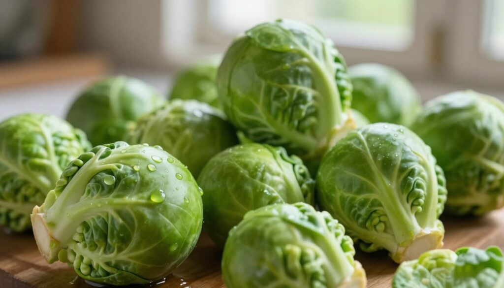 A vibrant close-up of fresh Brussels sprouts, showcasing their rich green color and unique texture. The foreground features a single, perfectly round sprout with visible leafette layers, highlighting moisture droplets from a recent rinse. In the middle, a cluster of various-sized sprouts is artfully arranged, with soft light illuminating their glossy surfaces, creating subtle shadows and highlighting their form. The background gently fades into a rustic kitchen environment with soft, diffused natural light filtering through a window, evoking a warm, inviting atmosphere. The overall mood is fresh and appetizing, with an emphasis on the natural beauty and color variations of Brussels sprouts, aiming to illustrate their vibrant hues and crisp textures without any distractions. A vibrant close-up of fresh Brussels sprouts, showcasing their rich green color and unique texture. The foreground features a single, perfectly round sprout with visible leafette layers, highlighting moisture droplets from a recent rinse. In the middle, a cluster of various-sized sprouts is artfully arranged, with soft light illuminating their glossy surfaces, creating subtle shadows and highlighting their form. The background gently fades into a rustic kitchen environment with soft, diffused natural light filtering through a window, evoking a warm, inviting atmosphere. The overall mood is fresh and appetizing, with an emphasis on the natural beauty and color variations of Brussels sprouts, aiming to illustrate their vibrant hues and crisp textures without any distractions.