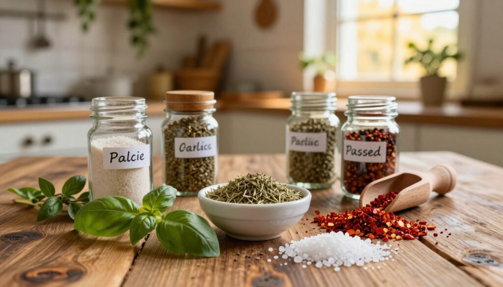 A vibrant collection of various pizza spices artistically arranged on a rustic wooden table. In the foreground, feature a small bowl filled with aromatic dried oregano, surrounded by sprigs of fresh basil, vivid red chili flakes, and a sprinkle of coarse sea salt. In the middle ground, include glass jars labeled with the spices, such as garlic powder, Italian seasoning, and crushed pepper, with a wooden scoop beside each. The background should be softly blurred, depicting a cozy Italian kitchen with herbs hanging from the ceiling, a warm ambiance created by golden light streaming in through a window. Emphasize rich colors and textures, evoking a sense of flavor and culinary creativity, inviting viewers to explore the essential spices for pizza-making.