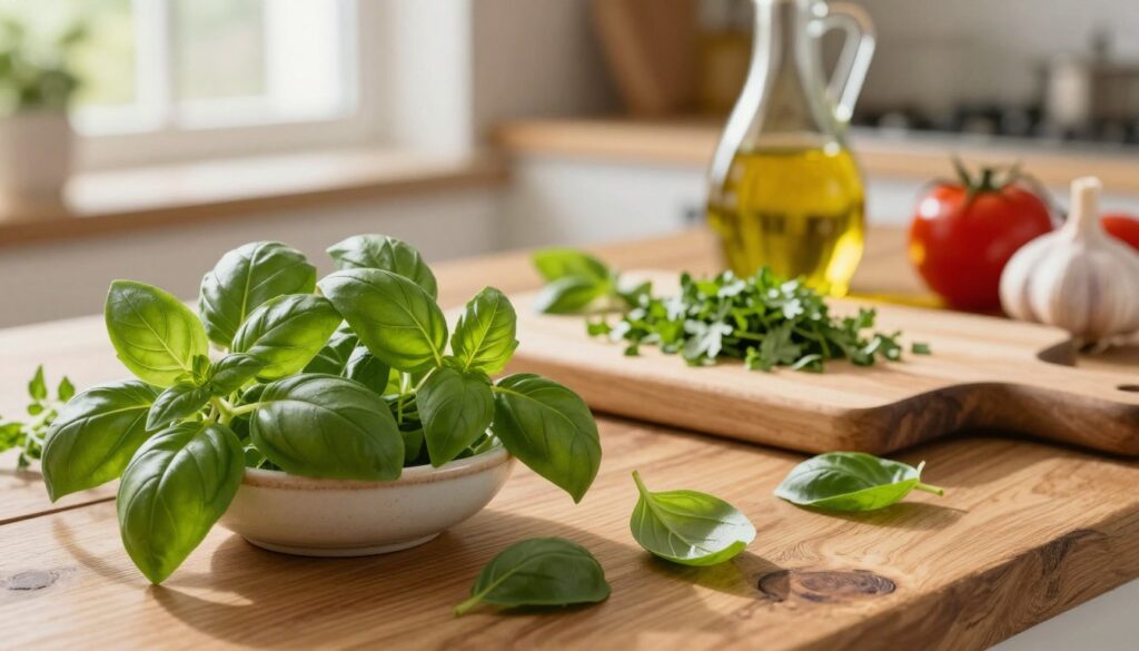 A vibrant composition of fresh oregano and basil, beautifully arranged on a rustic wooden kitchen table. In the foreground, lush green leaves of oregano and basil are displayed in a small ceramic bowl, with some leaves scattered around. In the middle, there's a wooden cutting board featuring finely chopped herbs, while a glass of olive oil glistens nearby, capturing the warm, golden light from a nearby window. The background includes softly blurred elements of a cozy kitchen setting, such as tomatoes and garlic, hinting at the ingredients for a classic pizza sauce. The overall mood is inviting and aromatic, filled with the essence of Italian cooking, illuminated by natural light to enhance the freshness of the herbs.