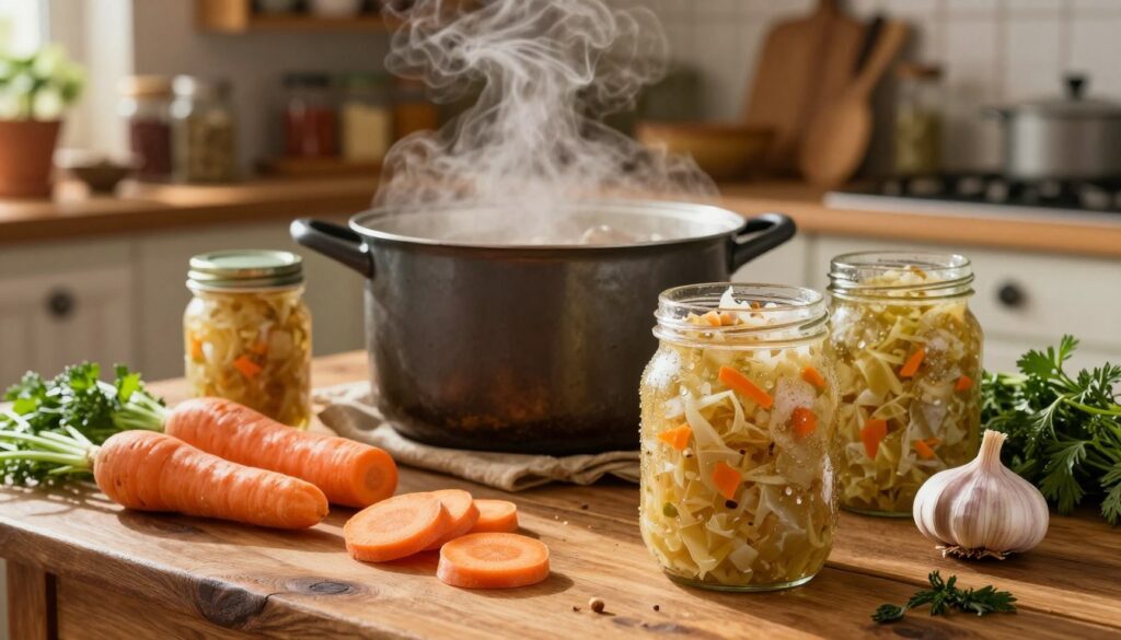 A vibrant composition showcasing a rustic wooden table covered with fresh ingredients for kiszonej kapusty. In the foreground, there are jars filled with tangy, fermented sauerkraut, glistening with condensation, alongside sliced carrots, garlic, and fresh herbs. In the middle, a large pot simmers gently, steam rising, hinting at an inviting meal being prepared. A backdrop of warm kitchen shelves filled with spices and cooking utensils creates a homey atmosphere. The lighting is soft and natural, resembling late afternoon sunlight, casting gentle shadows and illuminating the textures of the vegetables. The mood is warm, inviting, and nostalgic, perfect for illustrating traditional Polish cuisine. A vibrant composition showcasing a rustic wooden table covered with fresh ingredients for kiszonej kapusty. In the foreground, there are jars filled with tangy, fermented sauerkraut, glistening with condensation, alongside sliced carrots, garlic, and fresh herbs. In the middle, a large pot simmers gently, steam rising, hinting at an inviting meal being prepared. A backdrop of warm kitchen shelves filled with spices and cooking utensils creates a homey atmosphere. The lighting is soft and natural, resembling late afternoon sunlight, casting gentle shadows and illuminating the textures of the vegetables. The mood is warm, inviting, and nostalgic, perfect for illustrating traditional Polish cuisine.