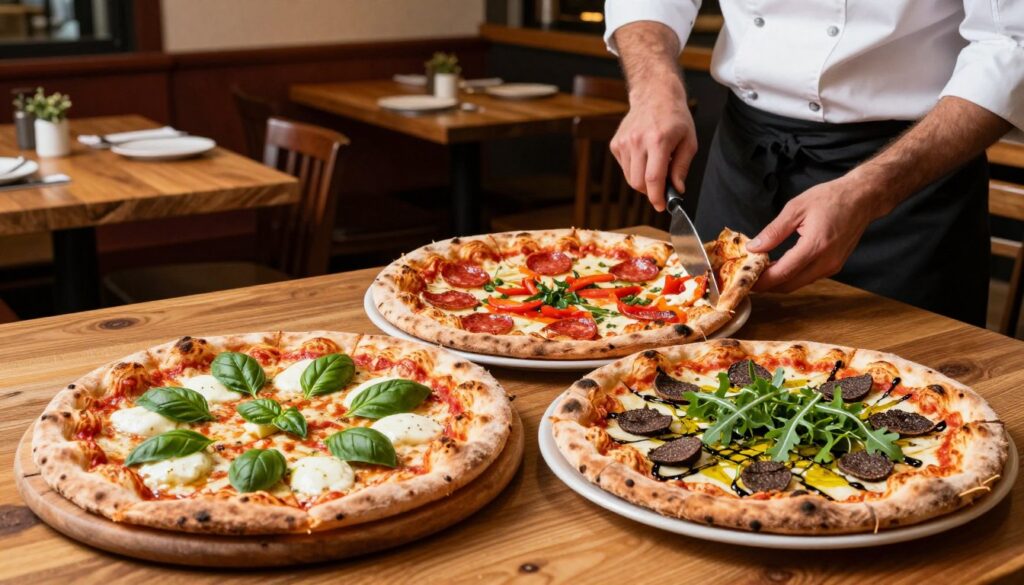 A vibrant display of various pizza variants from Guseppe, showcasing an array of flavors and ingredients. In the foreground, a wooden pizza board features three distinct pizzas: a classic Margherita with fresh basil and mozzarella, a spicy pepperoni pizza with vibrant red peppers, and a gourmet truffle pizza adorned with arugula and drizzled with olive oil. In the middle background, a rustic pizzeria setting hints at the welcoming ambiance with warm wooden tables and soft lighting. A chef, dressed in professional attire, is seen expertly slicing a pizza, emphasizing craftsmanship and quality. The composition is bright and inviting, capturing the essence of fresh ingredients and culinary creativity, with a focus on detail and texture, highlighting the toppings and crusts in a natural, cozy atmosphere.