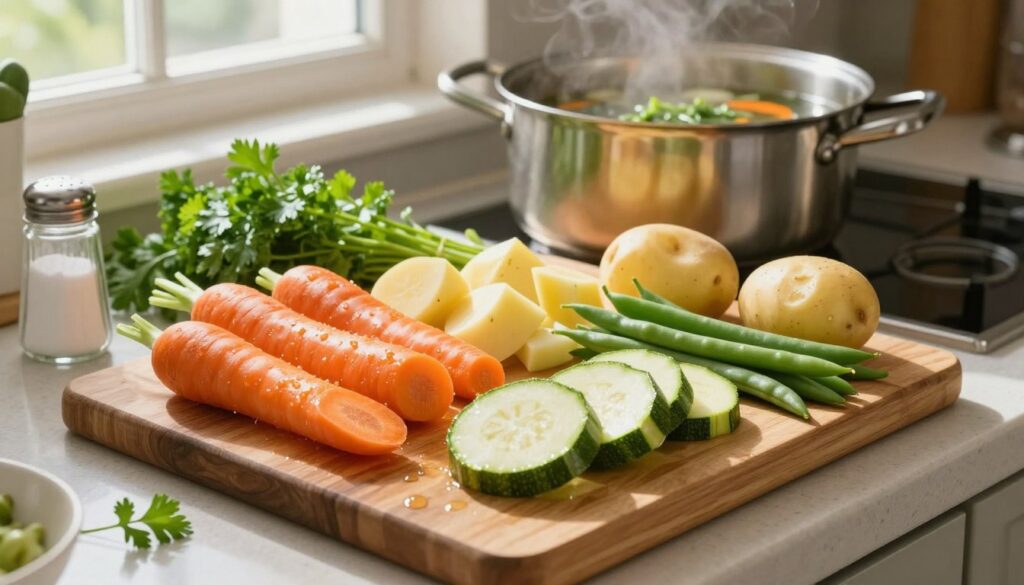 A vibrant, inviting kitchen countertop filled with fresh ingredients for vegetable soup. In the foreground, a wooden cutting board displays bright, chopped vegetables such as carrots, zucchini, potatoes, and green beans, glistening with moisture. A pot of simmering broth with herbs is visible in the background, steam rising gently. Sunlight streams in from a nearby window, creating a warm, cozy atmosphere. A few sprigs of fresh parsley and a salt shaker are placed casually on the countertop. The scene is captured from a slightly elevated angle, emphasizing the colorful ingredients and the rustic charm of the kitchen environment. The mood is cheerful and homey, inviting the viewer to embark on the cooking journey. A vibrant, inviting kitchen countertop filled with fresh ingredients for vegetable soup. In the foreground, a wooden cutting board displays bright, chopped vegetables such as carrots, zucchini, potatoes, and green beans, glistening with moisture. A pot of simmering broth with herbs is visible in the background, steam rising gently. Sunlight streams in from a nearby window, creating a warm, cozy atmosphere. A few sprigs of fresh parsley and a salt shaker are placed casually on the countertop. The scene is captured from a slightly elevated angle, emphasizing the colorful ingredients and the rustic charm of the kitchen environment. The mood is cheerful and homey, inviting the viewer to embark on the cooking journey.