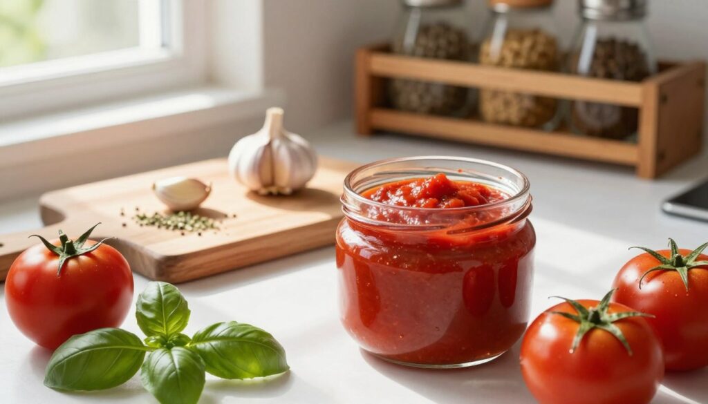 A vibrant kitchen countertop displaying a bowl of rich, homemade tomato sauce accompanied by fresh ingredients. In the foreground, glistening tomatoes and fragrant basil leaves surround a glass jar filled with thick, glossy tomato sauce, showcasing its deep red color. The middle ground features a wooden cutting board with a partially sliced garlic clove and a sprinkle of dried herbs, hinting at flavor. Soft, natural light streams in from a nearby window, casting gentle shadows that enhance the inviting atmosphere. In the background, a rustic wooden shelf holds neatly arranged spices and condiments. The image captures the essence of a speedy, delicious pizza sauce preparation, evoking a warm and homely feeling, perfect for cooking enthusiasts.