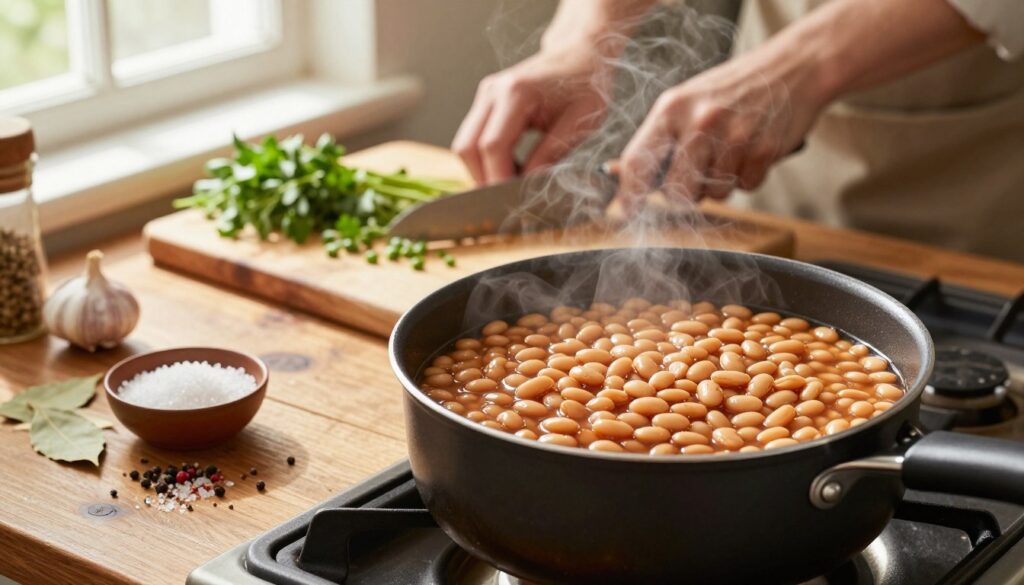 A vibrant kitchen scene showcasing the final moments of cooking beans. In the foreground, a pot filled with perfectly cooked beans sits on a stove, steam gently rising. Adjacent to the pot, a small bowl of coarse salt and an assortment of aromatic spices, such as bay leaves and garlic, add a touch of color. The middle ground reveals a rustic wooden table with a cutting board, where fresh herbs are being chopped, creating an inviting atmosphere. In the background, warm, soft lighting spills in from a window, enhancing the cozy feel of the kitchen. The composition is shot from a slightly elevated angle, focusing on the pot while allowing the spices and herbs to frame the scene beautifully, inviting viewers to consider the art of seasoning at the perfect moment in the cooking process.