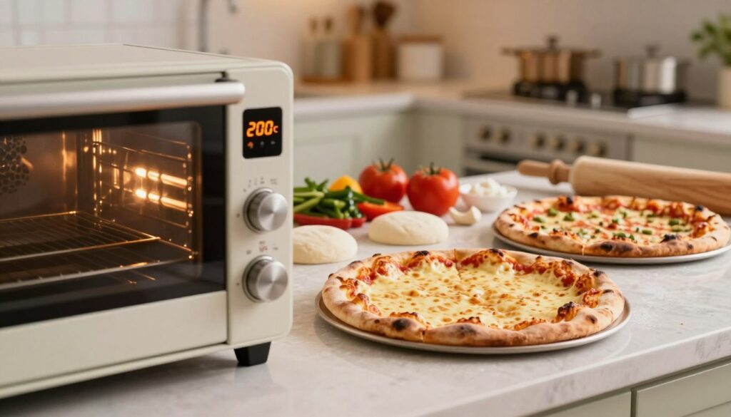 A vibrant kitchen scene that emphasizes the nuances of baking pizza at different temperatures. In the foreground, a digital oven display shows the temperature set to 200°C, with a glowing orange light indicating it's preheated. To one side, a perfectly baked pizza emerges, golden and bubbling with cheese, contrasting against a slightly charred pizza cooked at higher temperatures. The middle ground features a countertop laden with pizza ingredients, including vibrant vegetables and raw dough. In the background, an elegant kitchen with warm lighting creates a cozy atmosphere. The image should have a soft focus, capturing the inviting essence of home cooking, emphasizing the idea of mastery in pizza baking.