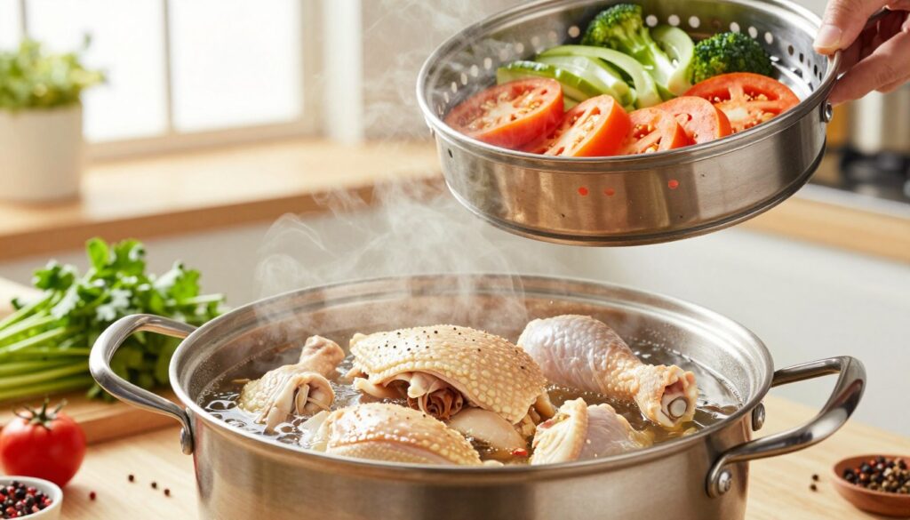 A vibrant kitchen setting featuring a pot of boiling water and a steamer basket above, showcasing the method of cooking chicken. In the foreground, a close-up view of juicy, tender chicken pieces being cooked in the boiling pot, steam wafting up, signifying moisture and flavor. The middle ground includes fresh herbs and spices surrounding the cooking area, enhancing the culinary atmosphere. The background reveals a well-organized kitchen with bright, natural lighting streaming through a window, creating an inviting and warm ambience. The colors are rich and appetizing, with a focus on the textures of the chicken and vegetables, evoking a sense of simplicity and deliciousness in preparation.