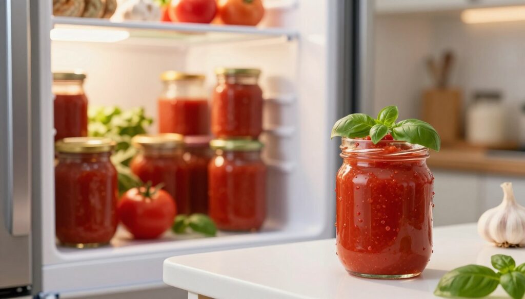 A vibrant kitchen setting featuring jars of homemade pizza sauce stored neatly in a refrigerator and freezer. In the foreground, focus on a glass jar filled with rich, deep red tomato sauce, glistening with fresh basil leaves on top, set on a clean, white countertop. In the middle ground, the fridge door is slightly open, revealing multiple jars of varying sizes surrounded by fresh ingredients like tomatoes and garlic. The background reveals a cozy kitchen ambiance with warm, soft lighting, evoking a homey atmosphere. Use a shallow depth of field to emphasize the jars, while softly blurring the surrounding elements to create a sense of focus and warmth. The overall mood should be inviting and appetizing, perfect for illustrating the concept of storing delicious homemade pizza sauce.