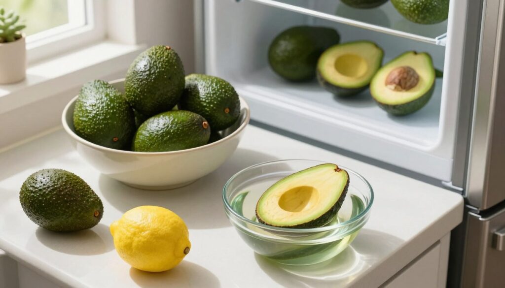 A vibrant kitchen setting, showcasing a countertop with a bowl of ripe avocados, both whole and sliced, to illustrate common mistakes in avocado storage. In the foreground, focus on an avocado submerged in a small bowl of water, highlighting a common error. The countertop is adorned with a bright lemon and an avocado pit nearby, contrasting the green hues of the avocados. In the middle ground, a refrigerator is partially open, hinting at proper storage methods. Soft natural light streams in through a window, creating a warm, inviting atmosphere. The scene is shot from an overhead angle, emphasizing the textures of the avocados and surrounding items, evoking a sense of culinary exploration and caution.
