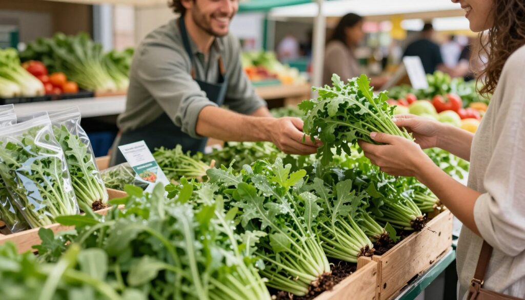 A vibrant market scene showcasing a selection of fresh arugula (rukola) at a farmer's market. In the foreground, a wooden crate overflowing with bright green, perfectly fluffy arugula leaves, some still with soil, while others are washed and glistening with dew. Various packaging options are visible, such as transparent bags and tied bundles, creating a rich texture. In the middle ground, a cheerful vendor in modest casual clothing smiles as they interact with a customer, who carefully inspects the arugula. The background features blurred stalls with colorful vegetables and an inviting atmosphere filled with warm, natural lighting, conveying a sense of fresh quality and abundance. The overall mood is lively and filled with the freshness of produce.