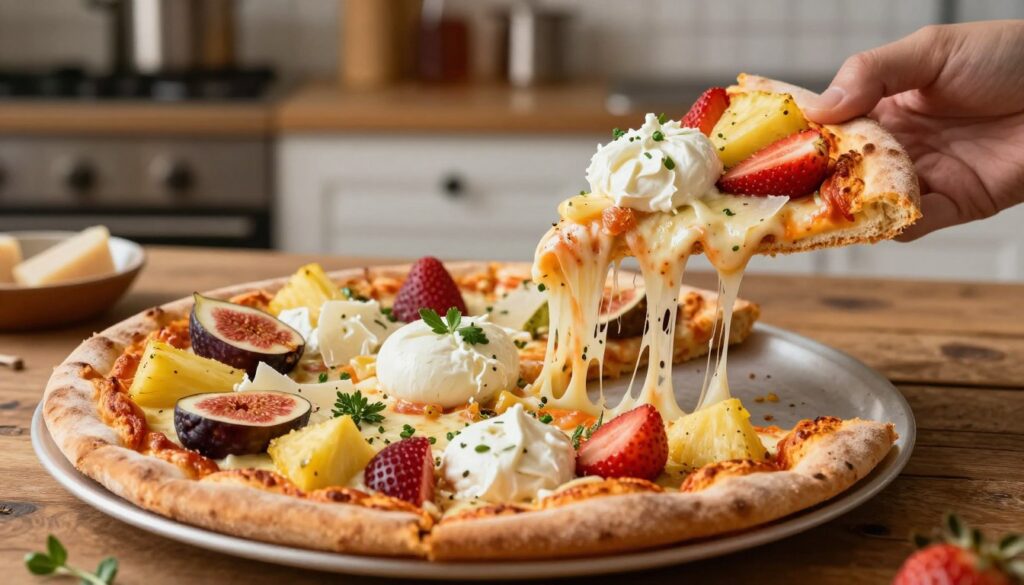 A vibrant pizza topped with an array of bold fruits like juicy pineapple chunks, ripe strawberries, and tangy figs, interspersed with premium cheeses such as creamy burrata and aged parmesan. The foreground should showcase a slice being lifted to reveal the toppings with melting cheese stretching enticingly. In the middle, depict the whole pizza placed on a rustic wooden table, garnished with herbs for a touch of freshness. The background features a softly blurred kitchen setting with warm, inviting lighting, creating a cozy and indulgent atmosphere. Use a shallow depth of field to draw attention to the pizza, enhancing its delicious appeal. The mood should be adventurous and inviting, suggesting an exploration of unique topping combinations.