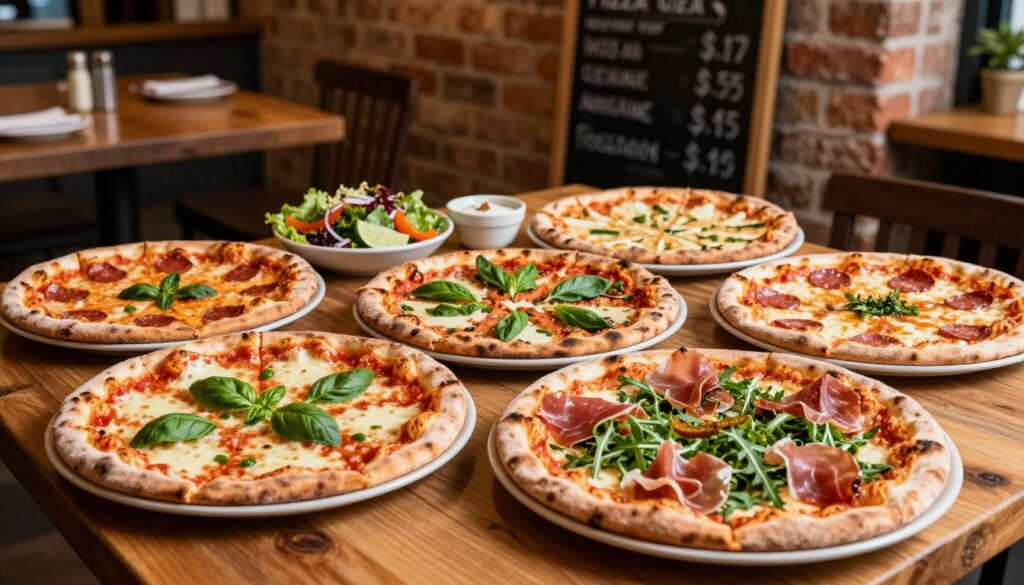 A vibrant scene depicting a variety of pizzas laid out on a rustic wooden table. In the foreground, showcase different styles of pizza: a classic Margherita with fresh basil, a pepperoni pizza with gooey cheese, and a gourmet option topped with arugula and prosciutto. The middle ground includes colorful side dishes like salads and dipping sauces, creating an inviting feast. In the background, capture a cozy pizzeria atmosphere with soft, warm lighting, brick walls, and a chalkboard menu displaying pizza prices. The angle should be slightly above the table, emphasizing the array of pizzas while maintaining a casual, friendly mood. Aim for an appealing and appetizing aesthetic that reflects the diversity and richness of pizza offerings in Poland.