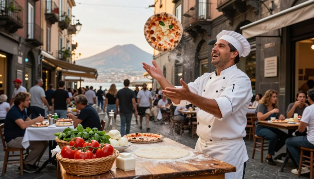 A vibrant scene set in the streets of Naples, Italy, capturing the essence of traditional pizza-making. In the foreground, a skilled Neapolitan pizzaiolo, dressed in a white chef's coat and hat, tosses a pizza dough into the air with a joyful expression, showcasing the art and passion behind it. In the middle ground, rustic wooden tables are adorned with baskets of fresh, colorful ingredients like ripe tomatoes, basil, and mozzarella cheese, emphasizing the quality of local produce. The background features historic Neapolitan architecture, with sunlit streets and the iconic Vesuvio volcano peeking through, casting a warm golden glow over the scene. The atmosphere is lively and inviting, filled with the aromas of cooking and the cheerful chatter of diners enjoying pizza al fresco. The angle captures this bustling moment with a slight tilt, immersing the viewer in the rich culinary heritage of Neapolitan pizza. A vibrant scene set in the streets of Naples, Italy, capturing the essence of traditional pizza-making. In the foreground, a skilled Neapolitan pizzaiolo, dressed in a white chef's coat and hat, tosses a pizza dough into the air with a joyful expression, showcasing the art and passion behind it. In the middle ground, rustic wooden tables are adorned with baskets of fresh, colorful ingredients like ripe tomatoes, basil, and mozzarella cheese, emphasizing the quality of local produce. The background features historic Neapolitan architecture, with sunlit streets and the iconic Vesuvio volcano peeking through, casting a warm golden glow over the scene. The atmosphere is lively and inviting, filled with the aromas of cooking and the cheerful chatter of diners enjoying pizza al fresco. The angle captures this bustling moment with a slight tilt, immersing the viewer in the rich culinary heritage of Neapolitan pizza.