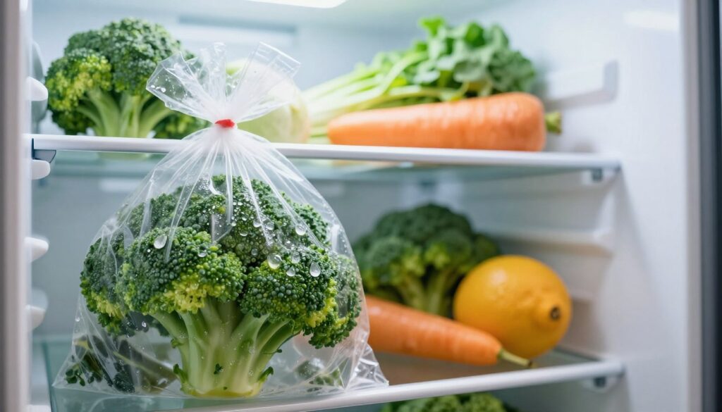 A visually appealing kitchen scene featuring fresh broccoli stored in a refrigerator. In the foreground, a close-up view shows the vibrant green broccoli wrapped in a perforated plastic bag, droplets of condensation glistening on the surface. The middle ground includes shelves of a well-organized fridge, showcasing other fresh vegetables and fruits for a healthy atmosphere. The background features soft lighting that creates a calm, inviting mood, highlighting the chilly interior of the fridge. The overall image conveys the idea of freshness and optimal storage techniques, emphasizing how to keep broccoli crisp and vibrant for several days. The angle should be slightly tilted to create depth and invite the viewer into the refrigeration space. A visually appealing kitchen scene featuring fresh broccoli stored in a refrigerator. In the foreground, a close-up view shows the vibrant green broccoli wrapped in a perforated plastic bag, droplets of condensation glistening on the surface. The middle ground includes shelves of a well-organized fridge, showcasing other fresh vegetables and fruits for a healthy atmosphere. The background features soft lighting that creates a calm, inviting mood, highlighting the chilly interior of the fridge. The overall image conveys the idea of freshness and optimal storage techniques, emphasizing how to keep broccoli crisp and vibrant for several days. The angle should be slightly tilted to create depth and invite the viewer into the refrigeration space.