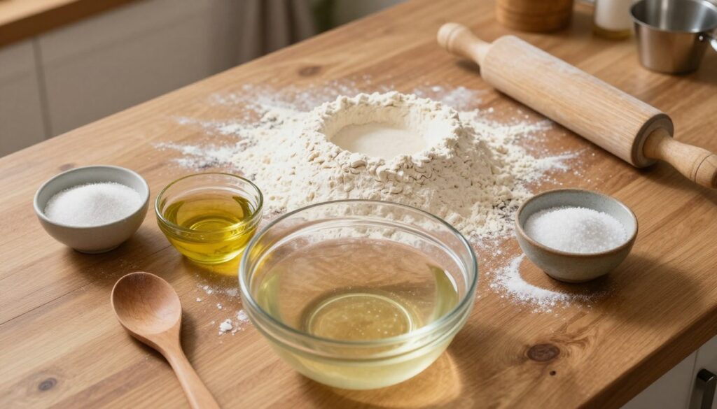 A visually appealing overhead shot of pizza dough ingredients arranged on a wooden kitchen table, with flour dust scattered around. In the foreground, a clear glass bowl filled with active yeast in warm water, surrounded by small bowls containing sugar, olive oil, and salt. In the middle, a mound of all-purpose flour with a well in the center, ready for mixing, accompanied by a rolling pin and a measuring cup. The background features a rustic kitchen with warm, soft lighting, emphasizing a cozy and inviting atmosphere. A wooden spoon rests beside the bowls, suggesting the preparation process. The overall mood conveys a sense of home cooking and simplicity, perfect for beginners eager to make homemade pizza in a short time.