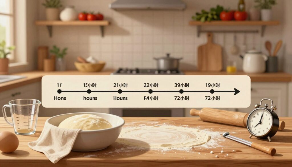 A visually engaging illustration of a dough rising schedule displayed on a wooden kitchen countertop. In the foreground, a large, round bowl filled with pizza dough sits, covered with a light cloth. Nearby, there are measuring cups, a thermometer, and a timer, symbolizing the preparation process. In the middle, an artistic timeline chart is laid out, showing various stages of dough rising, from a few hours to 72 hours. The background features a warm, inviting kitchen ambiance with soft, diffused lighting, highlighting rustic shelves with pizza-making ingredients like flour, tomatoes, and herbs. The atmosphere is homely and professional, conveying a sense of patience and culinary craft. A visually engaging illustration of a dough rising schedule displayed on a wooden kitchen countertop. In the foreground, a large, round bowl filled with pizza dough sits, covered with a light cloth. Nearby, there are measuring cups, a thermometer, and a timer, symbolizing the preparation process. In the middle, an artistic timeline chart is laid out, showing various stages of dough rising, from a few hours to 72 hours. The background features a warm, inviting kitchen ambiance with soft, diffused lighting, highlighting rustic shelves with pizza-making ingredients like flour, tomatoes, and herbs. The atmosphere is homely and professional, conveying a sense of patience and culinary craft.