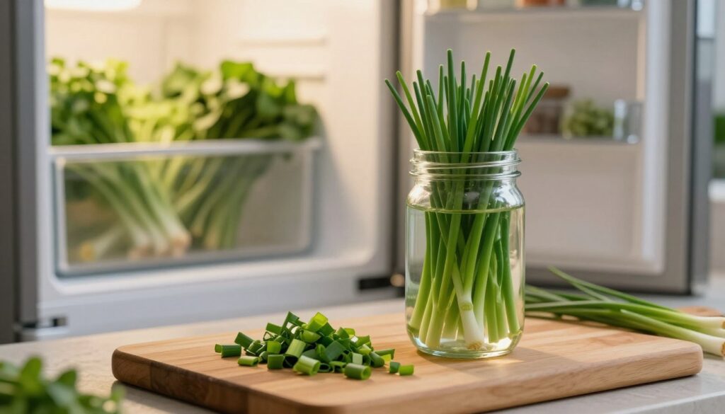 A vivid arrangement of fresh chives, showcasing various methods of storage before refrigeration. In the foreground, a clear glass jar filled with water, standing upright with crisp, green chives immersed, their tips peeking above the surface. The middle ground features chopped chives on a wooden cutting board, their vibrant color contrasting with the natural wood grain. The background includes a softly lit kitchen scene, with a refrigerator slightly ajar, inviting a sense of freshness and organization. The lighting is warm and inviting, emphasizing the freshness of the herbs. The angle captures a cozy kitchen ambiance, creating an atmosphere of care and anticipation for preserving freshness. No text or distractions are present. A vivid arrangement of fresh chives, showcasing various methods of storage before refrigeration. In the foreground, a clear glass jar filled with water, standing upright with crisp, green chives immersed, their tips peeking above the surface. The middle ground features chopped chives on a wooden cutting board, their vibrant color contrasting with the natural wood grain. The background includes a softly lit kitchen scene, with a refrigerator slightly ajar, inviting a sense of freshness and organization. The lighting is warm and inviting, emphasizing the freshness of the herbs. The angle captures a cozy kitchen ambiance, creating an atmosphere of care and anticipation for preserving freshness. No text or distractions are present.