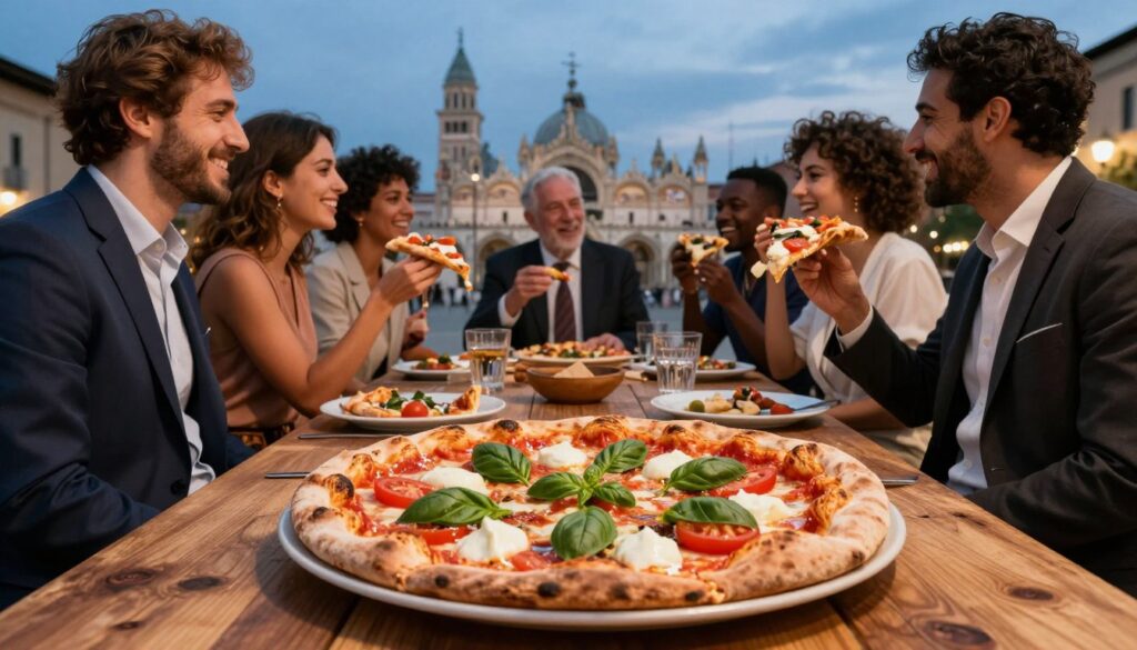 A vivid scene capturing the essence of pizza culture in 2017, celebrating its inclusion on the UNESCO list. In the foreground, a beautifully crafted, artisanal pizza is displayed on a rustic wooden table, with vibrant toppings like fresh basil, sliced tomatoes, and melted mozzarella, glistening under soft, warm lighting. In the middle, a diverse group of people, dressed in smart casual attire, gather joyfully around the table, sharing slices and laughter, representing unity and cultural appreciation. The background showcases iconic Italian landmarks, subtly illuminated, blending with a twilight sky that adds a serene atmosphere. The composition conveys warmth, community, and celebration, evoking a sense of nostalgia and pride in culinary heritage.