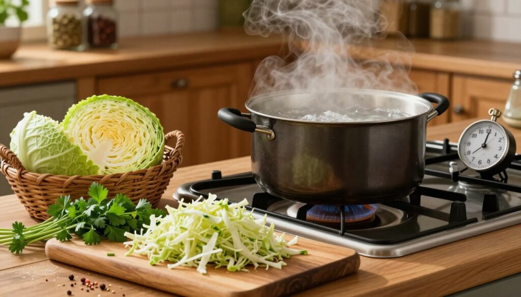 A warm kitchen scene showcasing the step-by-step preparation of cooking sauerkraut. In the foreground, a wooden cutting board with chopped cabbage, vibrant green herbs, and seasoning scattered around. In the middle ground, a pot filled with boiling water on a vintage stove, steam rising, and a timer set to indicate cooking time. Fresh, whole cabbage heads sit in a rustic basket nearby. The background features warm wooden cabinets and jars of spices, creating a cozy atmosphere. Soft, natural lighting illuminates the scene, highlighting the textures and colors. The composition captures the essence of traditional cooking methods, inviting viewers to learn about this culinary process.