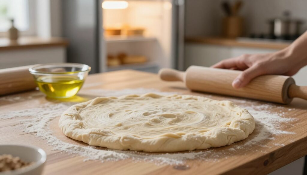 A warm kitchen scene showing a close-up of a pizza dough being gently thawed on a wooden countertop, illustrating the process of defrosting without compromising elasticity. The foreground features the soft, flexible dough with visible flour particles, showcasing its texture and light stretch. In the middle, a small bowl with olive oil and a rolling pin are placed next to the dough, hinting at the preparation stage. The background reveals a softly lit fridge door slightly ajar, emphasizing the safe and proper thawing method. Natural light filters through a nearby window, casting a warm glow and creating an inviting atmosphere. The overall mood is cozy and focused, reflecting a professional kitchen setting.