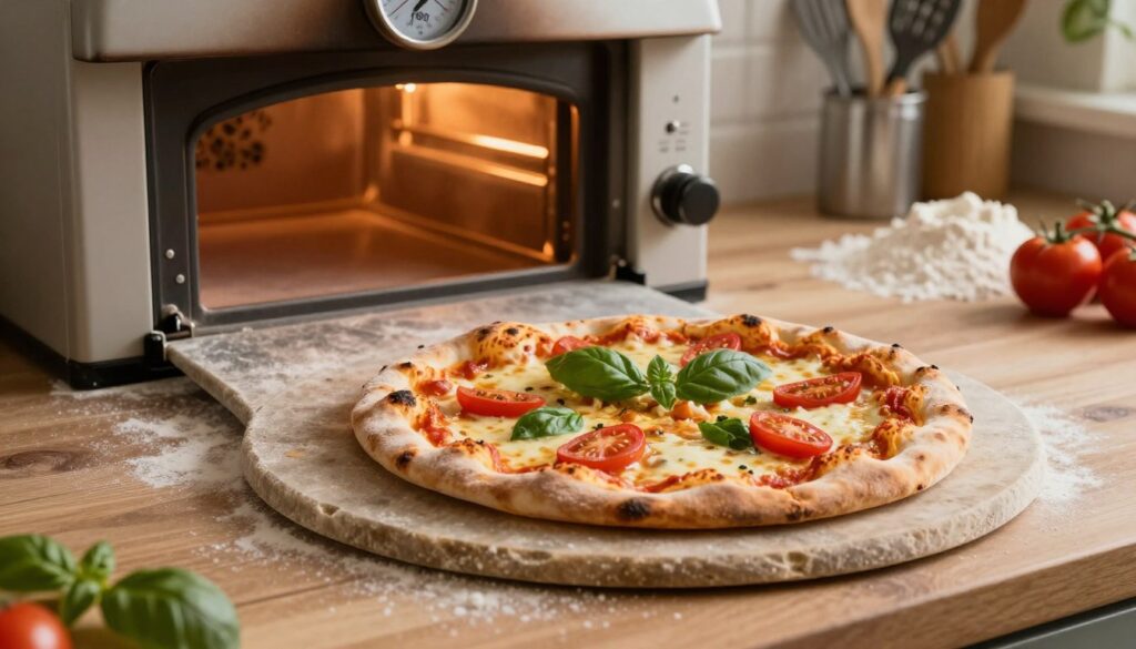 A well-crafted pizza stone set against a rustic kitchen countertop, showcasing its textured, heat-retaining surface. In the foreground, a freshly baked, golden-brown pizza with melted cheese and vibrant toppings, like fresh basil and juicy tomatoes rests on the stone. The middle ground features an open oven with a visible temperature gauge set to 180°C, emitting a warm, inviting glow. Soft lighting creates a cozy atmosphere, highlighting the delicious details on the pizza. In the background, kitchen utensils and ingredients like flour and tomatoes are subtly arranged, enhancing the cooking theme without overwhelming the scene. The image captures the essence of home cooking and the art of pizza-making.