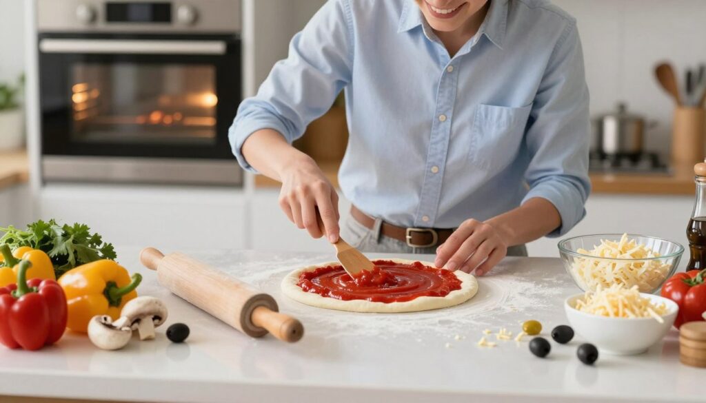 A well-lit kitchen scene, showcasing a countertop covered with various pizza-making ingredients. In the foreground, a rolling pin rests beside a flattened round of pizza dough, ready to be topped. Bright, colorful vegetables like bell peppers, mushrooms, and olives are arranged artfully, alongside a bowl of rich tomato sauce and shredded mozzarella cheese. In the middle, a cheerful person dressed in a smart casual shirt is skillfully spreading sauce on the dough with a spatula, embodying a sense of joy and creativity. The background features an oven preheating, with soft, warm lighting creating an inviting atmosphere. The focus is sharp on the pizza preparation process, inviting viewers to explore the art of making pizza step by step.