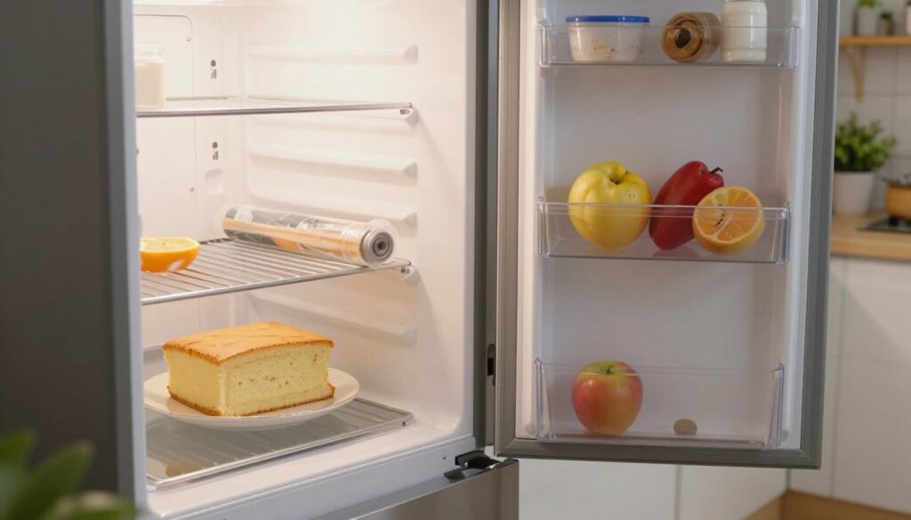 A well-organized kitchen scene featuring a refrigerator prominently in the foreground, its door slightly ajar, revealing a slice of a delicate sponge cake on a plate inside. Soft, natural lighting filters through a nearby window, creating a warm and inviting atmosphere. In the middle ground, a countertop is adorned with kitchen essentials like plastic wrap and a container of freshly cut fruit, signifying proper food storage techniques. The background showcases a cozy kitchen setting with subtle details like shelves filled with baking supplies and a potted plant, enhancing the homey feel. The overall mood is calm and instructional, emphasizing the importance of storing a sponge cake correctly in the refrigerator.