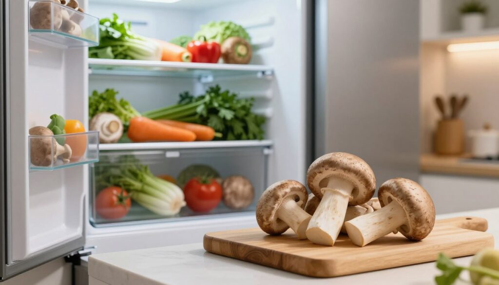 A well-organized kitchen scene featuring fresh mushrooms (kanie) in a modern refrigerator. In the foreground, a light wooden cutting board holds freshly cleaned kanie mushrooms, showcasing their earthy tones and textures. In the middle, the refrigerator door is open, revealing additional organized shelves with various fresh vegetables and herbs, presented in a tidy manner. The background includes soft, ambient lighting illuminating the kitchen, highlighting vibrant colors and creating a warm, inviting atmosphere. The perspective is slightly angled to emphasize the refrigerator and the mushrooms prominently, evoking a sense of freshness and readiness for cooking while symbolizing the importance of proper food storage.