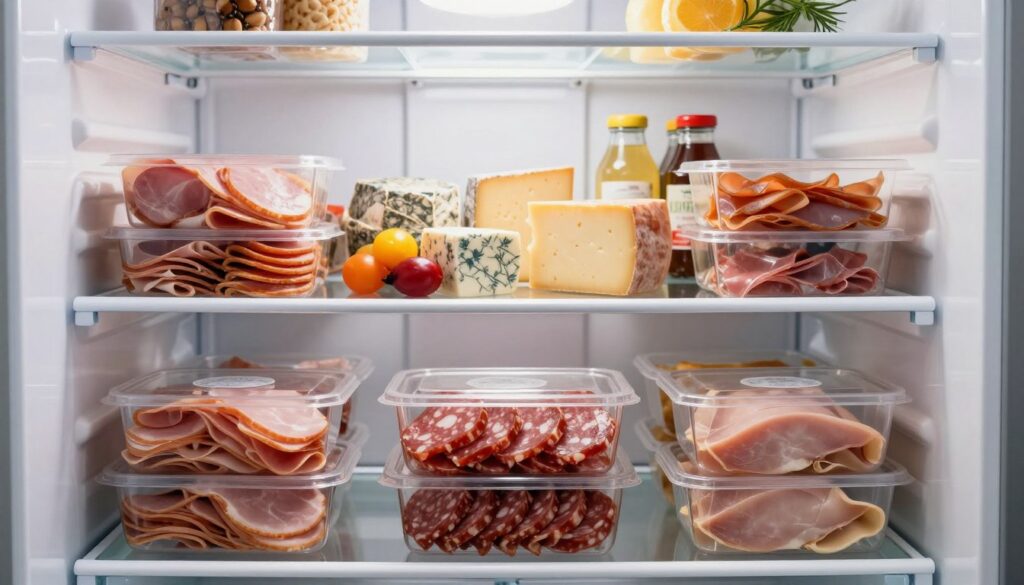 A well-organized refrigerator interior showcasing an assortment of various cold cuts, including juicy slices of ham, salami, and turkey. The foreground features neatly arranged packages of deli meats in clear containers, some with freshness seals. In the middle, a glass shelf holds a colorful selection of cheeses and condiments, while the background reveals a bright, clean refrigerator illuminated by soft LED lighting. The scene should have a clean, modern aesthetic, with subtle reflections on the shelves. A warm atmosphere emphasizes freshness and hygiene, showcasing how to optimally store cold cuts in an organized manner without any visible dust or clutter, highlighting the importance of proper storage without text or other distractions. A well-organized refrigerator interior showcasing an assortment of various cold cuts, including juicy slices of ham, salami, and turkey. The foreground features neatly arranged packages of deli meats in clear containers, some with freshness seals. In the middle, a glass shelf holds a colorful selection of cheeses and condiments, while the background reveals a bright, clean refrigerator illuminated by soft LED lighting. The scene should have a clean, modern aesthetic, with subtle reflections on the shelves. A warm atmosphere emphasizes freshness and hygiene, showcasing how to optimally store cold cuts in an organized manner without any visible dust or clutter, highlighting the importance of proper storage without text or other distractions.