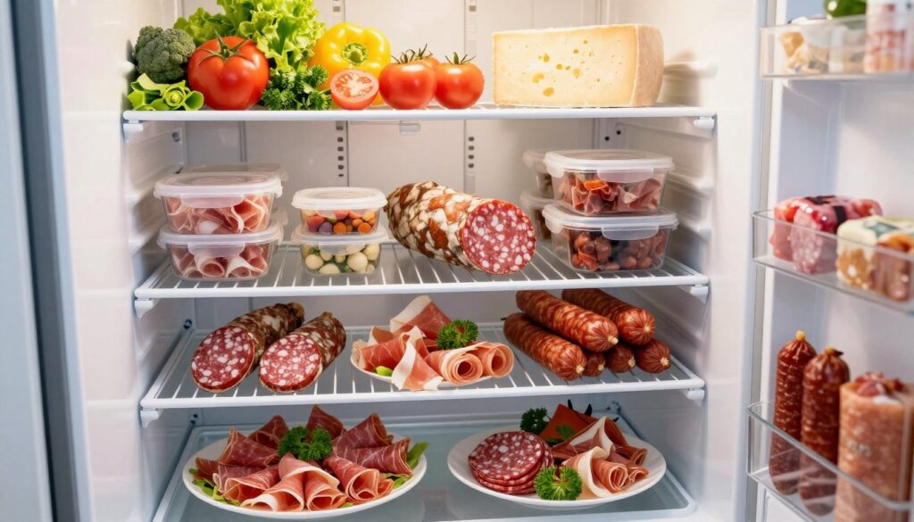 A well-organized refrigerator showcasing a selection of various cured meats, including salami, prosciutto, and sausages, arranged neatly on different shelves. The foreground features colorful platters of cold cuts, beautifully arranged with garnishes. In the middle ground, a variety of containers are visible, some labeled and others with transparent lids, ensuring freshness. The background shows shelves stocked with fresh vegetables and cheeses, emphasizing a clean and organized refrigerator environment. Soft, natural lighting illuminates the scene, creating an inviting and appetizing atmosphere. The angle of the image is slightly elevated, giving a comprehensive view of the refrigerator's interior while maintaining focus on the cured meats. The overall mood is fresh, efficient, and professional, ideal for showcasing proper food storage techniques. A well-organized refrigerator showcasing a selection of various cured meats, including salami, prosciutto, and sausages, arranged neatly on different shelves. The foreground features colorful platters of cold cuts, beautifully arranged with garnishes. In the middle ground, a variety of containers are visible, some labeled and others with transparent lids, ensuring freshness. The background shows shelves stocked with fresh vegetables and cheeses, emphasizing a clean and organized refrigerator environment. Soft, natural lighting illuminates the scene, creating an inviting and appetizing atmosphere. The angle of the image is slightly elevated, giving a comprehensive view of the refrigerator's interior while maintaining focus on the cured meats. The overall mood is fresh, efficient, and professional, ideal for showcasing proper food storage techniques.