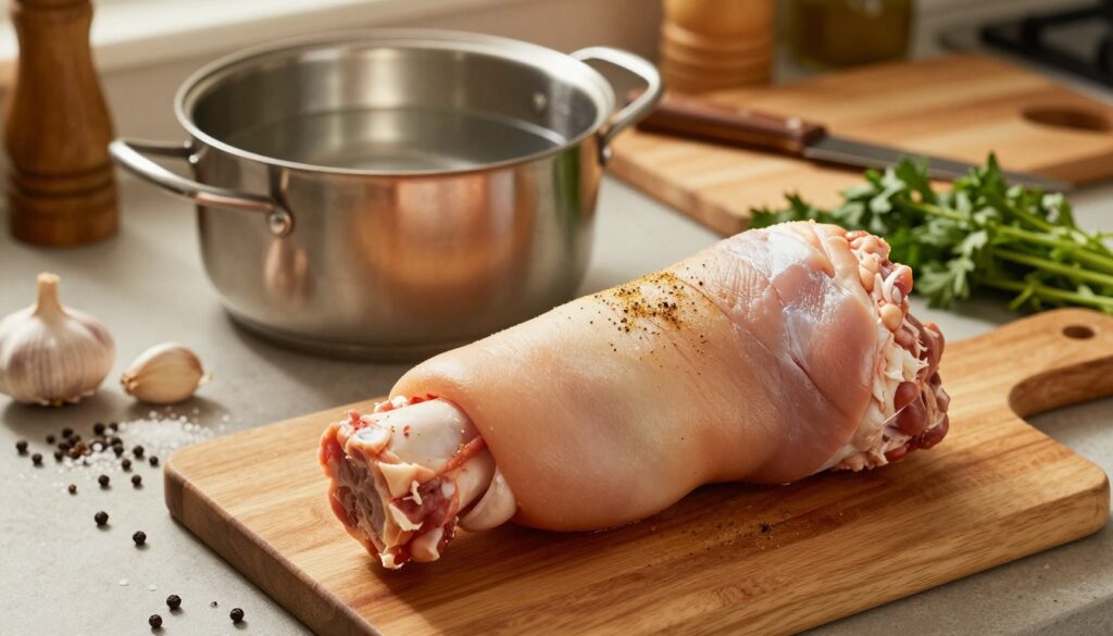 A well-prepared kitchen scene featuring a raw pork knuckle (golonka) on a wooden cutting board. The foreground shows the knuckle, with visible skin marked by precise scores, ready for seasoning and marination. Surrounding it, various spices such as peppercorns, garlic, and salt are elegantly arranged, hinting at the preparation process. The middle ground includes a stainless steel pot filled with water, alongside a chopping board, knife, and fresh herbs. The background reveals a warm, rustic kitchen with soft golden ambient lighting, enhancing the inviting atmosphere. The angle is slightly overhead, providing a clear view of the preparation area, focusing on the culinary process without human subjects, creating a cozy, enticing mood suitable for food enthusiasts.